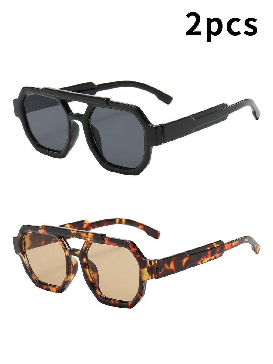 1pc Unisex Square Frame PC Material Glasses, Minimalist Stylish High-End Fashion, Suitable For Travel, Leisure, Party, Beach, Daily Wear - 2-piece Combo Pack (Tortoiseshell Tea + Black Tea) - View 1
