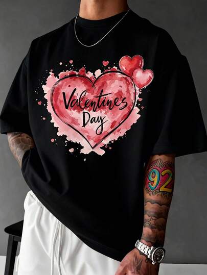 两件装男士圆领T恤，黑色，水彩爱心印花 - 柔软透气面料，吸汗舒适，复古美式街头风，适合约会和日常穿着