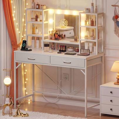 Large Vanity Desk With LED Lighted Mirror & Power Outlet, Makeup Vanity Table With 2 Fabric Drawers And 6 Storage Shelves, Dressing Table For Bedroom, White