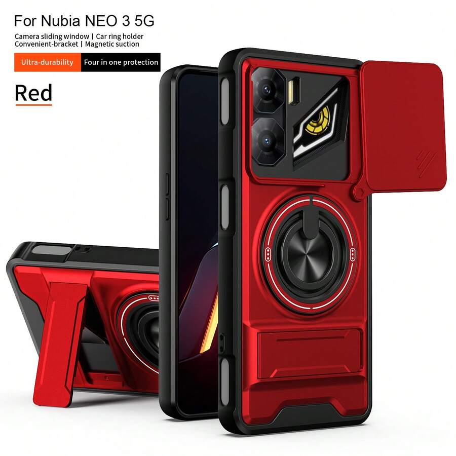 努比亚 NEO 3 5G 手机壳，带滑动摄像头镜头和支架 - 紅色 - 查看 1