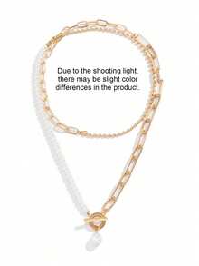1 件时尚长珍珠链项链，复古风格个性化珍珠扣项链 - 金色 - 查看 9