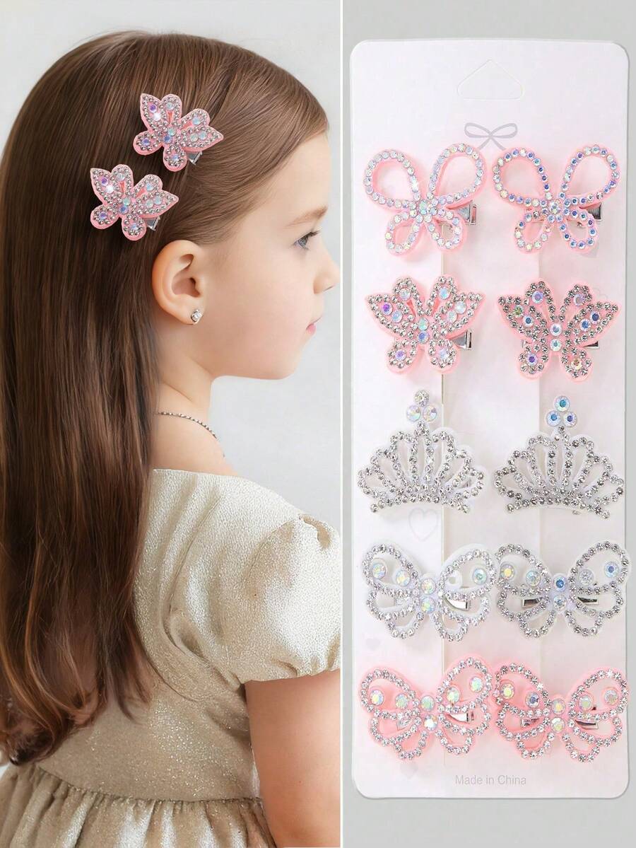 10 piezas de Pasadores de metal con mariposas de brillo, Elegantes pasadores de pelo para niñas, Accesorios de pelo versátiles para uso diario - Multicolor - Ver 1