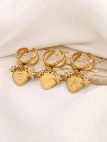 1pc Fashion Design 18k Gold Plated Stainless Steel Heart Initial Letter Charm Ring 26 A-Z Initial Alphabet Flower Starfish Pendant Open Ring Suitable For Women's Daily Wear Jewelry Gifts - Ring.. - View 5
