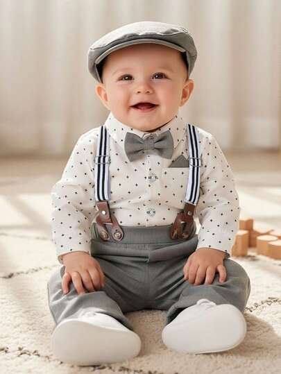 BOARNSEORL 3-delat set med herrkläder för babypojkar - långärmad tröja med fluga, strumpebandshållare och hatt, modernt och snyggt för födelsedagsfest, kör, 1-årsdag, bröllop, ringbärare