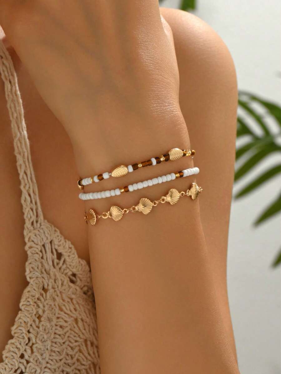 3pcs/Set Minimalist Beaded Bracelet With Golden Seashell Charms, Suitable For Daily Wear, Casual, Beach Holiday - Multicolor - View 1