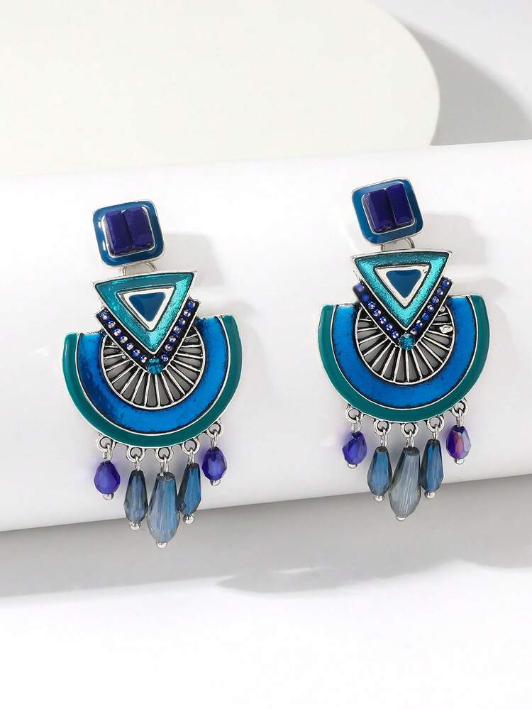 1 Pair Handmade Bohemian Enamel Crystal Earrings, Asymmetrical Shapes & Colors, Random Floral Pattern And Color Placement