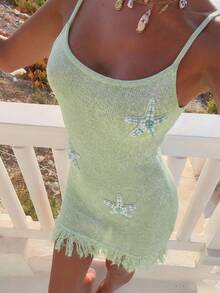 Sultry Sol Vestido curto feminino verde casual com alças finas, decoração de estrela-do-mar, barra com franjas, modelo justo e sexy com decote nas costas, ideal para férias na praia, festas na praia, passeios, encontros e festivais de música no verão. - Menta verde - Ver 8
