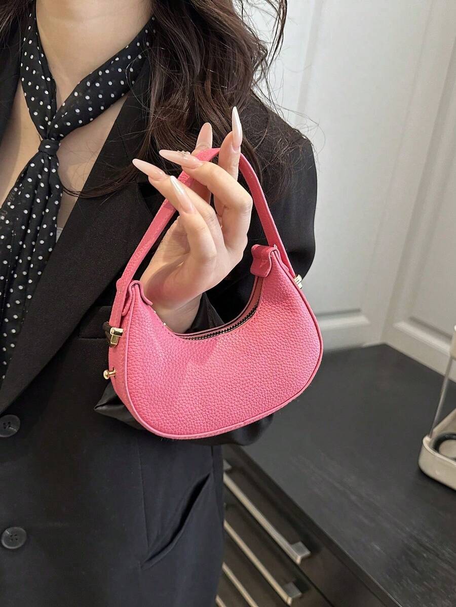 Mini Cute Solid Black Handbag For Women, Fashionable High-Quality Lightweight Crescent Shaped Shoulder Bag , Cute - 玫紅色 - 查看 1