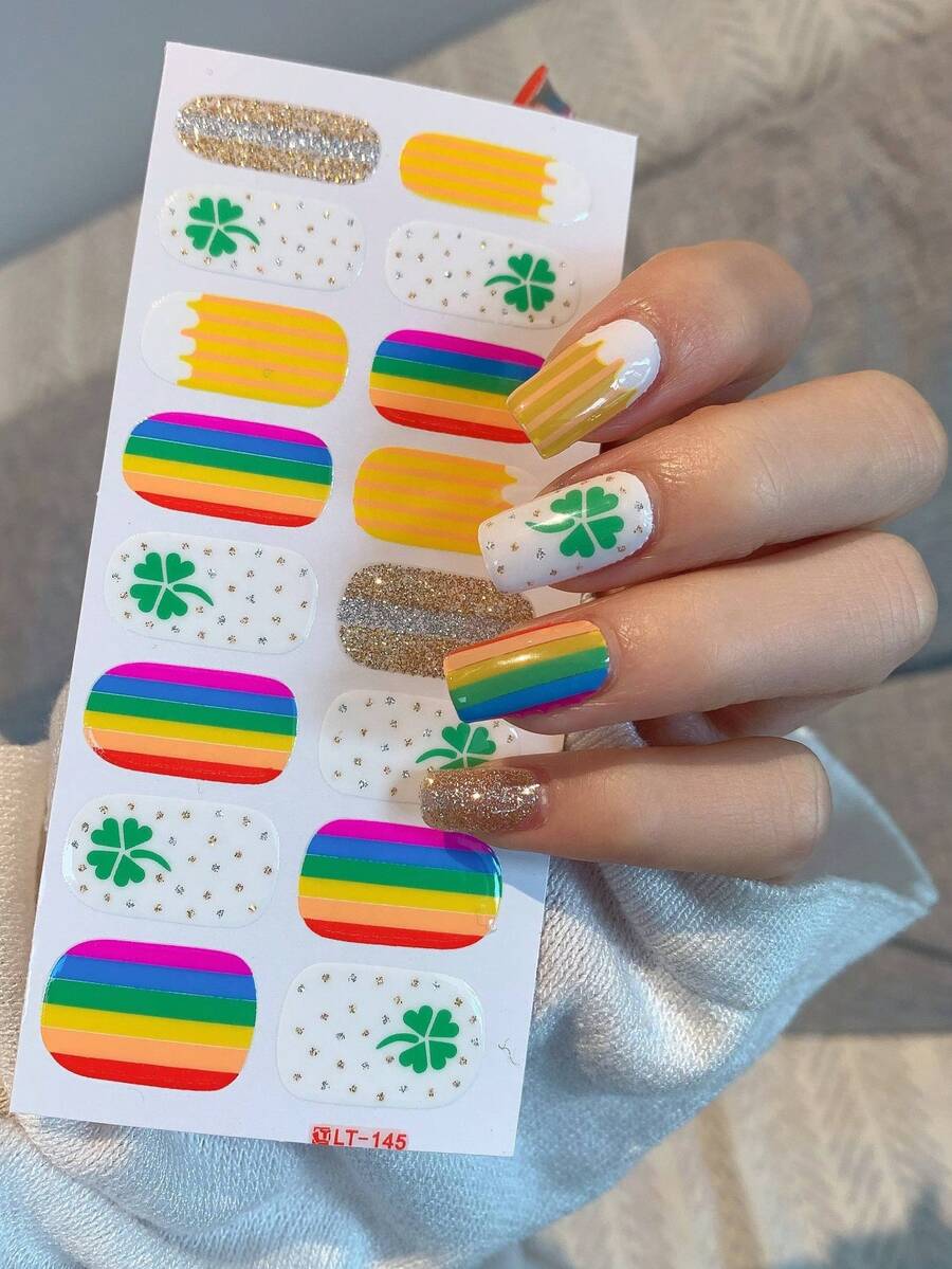 全甲贴纸，绿色三叶草，多色美甲贴花，适合女性、女孩的美甲用品，派对、节日、庆典、生日礼物美甲 - 彩色 - 查看 1