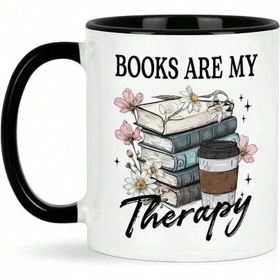 Book Lover Gifts - Books Are My Therapy Mugs With Black Handle, Bookish Coffee Mug With Stacked Book Design, Birthday, Gifts Books Lovers Women, Bookworm Mugs Readers