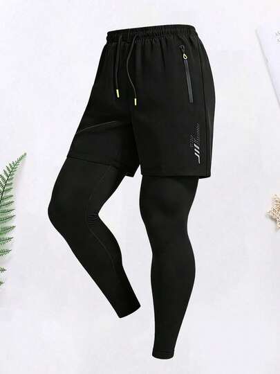 男士二合一运动裤，速干弹力压缩紧身裤，户外跑步训练裤