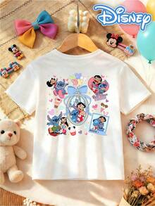 [Disney Authorized] Front: Lilo And Stitch Hula Dancing With Text "SUMMER VIBES" Back: Lilo And Stitch Multi-Panel Collage With Heart, Bow, Ice Cream Elements And Text "BEST FRIENDS FOREVER" "BESTIE" Double-Sided Print Pattern Girls' T-Shirt - Children's Clothing Design Short-Sleeve Casual Cute Style Comfortable And Relaxed Suitable For Boys And Girls, Perfect For Parties And Play Machine Washable Gift Children's Clothing Girls' Short-Sleeve Shirt - trắng - Xem 3