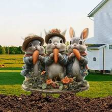 Conjunto de 3 estacas decorativas de acrílico com coelho da Páscoa segurando cenoura para jardim, quintal e gramado. - A - Ver 1