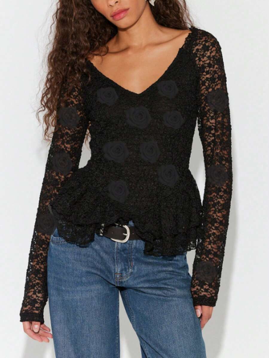 Women Lace Long Sleeve Shirts Floral V Neck Layered Ruffled Going Out Tops Fall Streetwear - Black - View 1