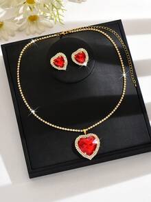 1 set de bijoux en forme de cœur, cristal rouge brillant + bordure de diamant, en cuivre, convient pour les fêtes, cadeau pour l'anniversaire/la fête des mères - Rouge - Voir 2