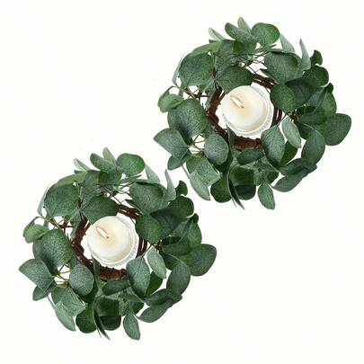2pcs, 24.8cm Artificial Eucalyptus Leaf Wreath Candle Holder, Mini Green Leaf Boho Style Candle Stand, Suitable For Wedding, Valentine's Day, Easter, Spring Decor, Multi-Purpose Home, Window, Tabletop Decoration