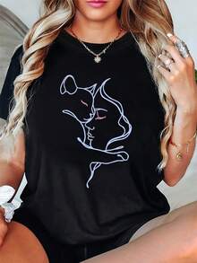 Women' Cat Line Art T-Shirt - 100% Loose Fit Short Sleeve Top With Kissing Cats Print, Casual Crew Neck Blouse, Machine Washable Gift For Cat Ladies - màu đen - Xem 4