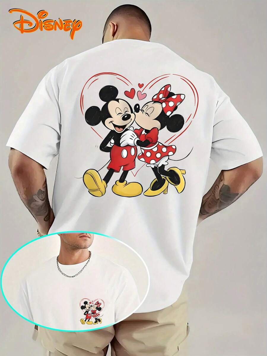 Disney Street Life Men's Casual Loose Valentine's Day Love Cartoon Printed Short Sleeved T-Shirt Summer - 白色 - 查看 1
