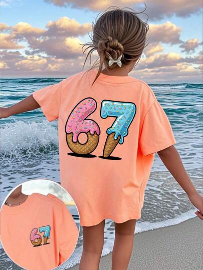 Tween Girls' Casual Pink Graphic Print Crew Neck Short Sleeve T-Shirt, Summer Top