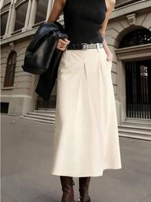 女士时尚黑色A字中长裙 - 高腰，A字裙摆设计，涤纶面料，适合通勤或休闲穿着，四季皆宜（无需腰带）春季 - 杏色 - 查看 2