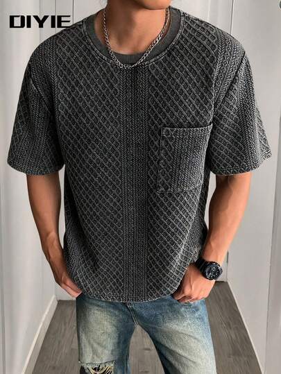 DIYIE 男士复古提花针织短袖T恤，44%棉含量，简约休闲短袖T恤，带胸袋，水洗宽松版型短袖T恤