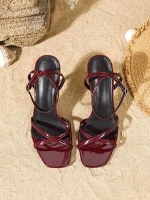 Sandálias femininas elegantes de salto alto, com bico quadrado e tiras cruzadas, ideais para vestidos de verão e casamentos. - Borgonha - Ver 6