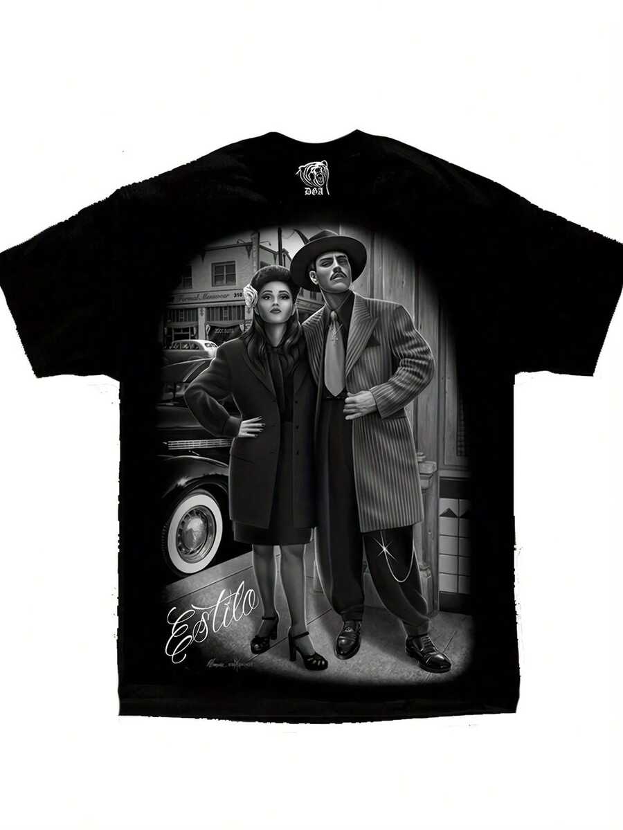Plus Size-Funny Men's And Women's Round Neck T-Shirt Women's Fashion T-Shirt,Mens Vintage Zoot Suit Chicano Art T-Shirt - Estilo De Gonzales Design, Comfortable Cotton Round Neck Short Sleeve Tee, 180g, Retro Graphic Print, Black White Pachuco Style, Classic Car Chain Detail, All-Season Wear Cotton Printed Shirts, Casual - 黑色 - 查看 1