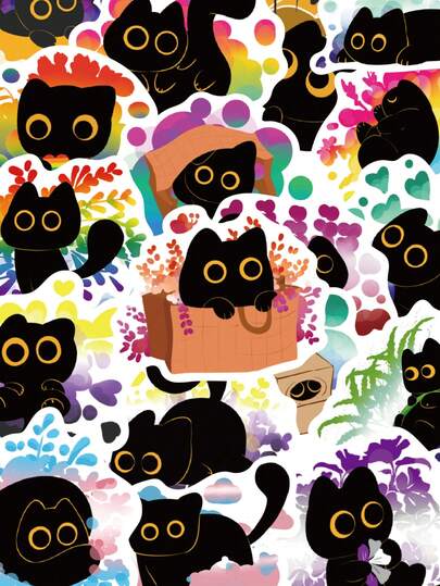 50 piezas Pegatinas de gato negro elegante Kawaii estética para diario, funda de teléfono, tableta, botella de agua, escritorio, equipaje, calcomanías resistentes al agua