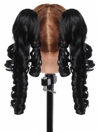 2 miếng tóc nối giả màu đen vàng xoăn dài 16 inch, kiểu tóc đuôi ngựa đôi, thích hợp để kết hợp với tóc ngắn kiểu Lolita.