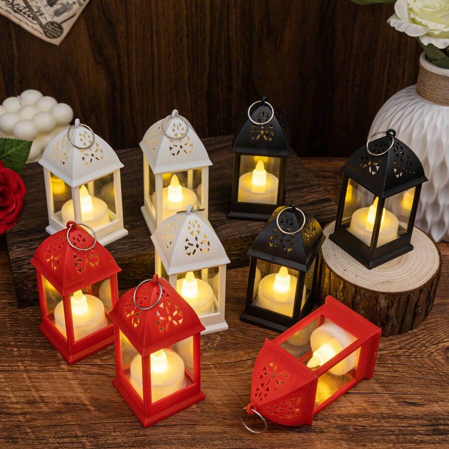 3/6pcs Plastic Mini Lanterns, Hollow Top Design For Easy Carrying, Flameless Warm Light, Retro LED Electronic Plastic Decorative Lamps, Home Decor Accents, Atmosphere Lights For Bedroom, Living Room, Camping, Outdoor, Dates, Picnics, Crafts - Hollow Out Four-corner Lantern - View 1