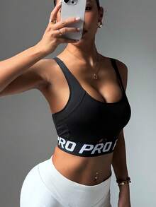 Women's Crew Neck Elastic Removable Padded Sports Bra With Fashionable Letter Knit Tape - Black - View 3