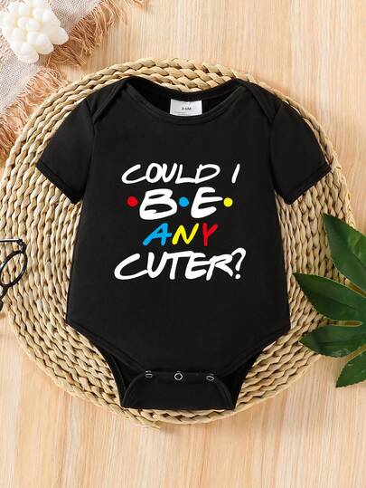 Baby Girl Slogan Graphic Round Neck Short Sleeve Casual Romper