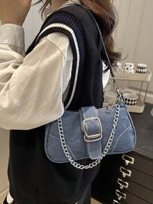 Bolso cruzado de mezclilla y lona de moda, bolso de cadena elegante para debajo del brazo para mujeres - Azul - Ver 4