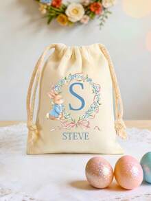 1pc Personalized Easter Bunny Drawstring Canvas Bag, Customized Letter & Wreath Rabbit Design, Kids Easter Basket And Egg Hunt Bag, Reusable Spring Party Gift Bag, Cute Easter Item Gift, Suitable For Girls, Boys, Family, Friends And Classroom Easter Party Supplies - Multicolor - View 9