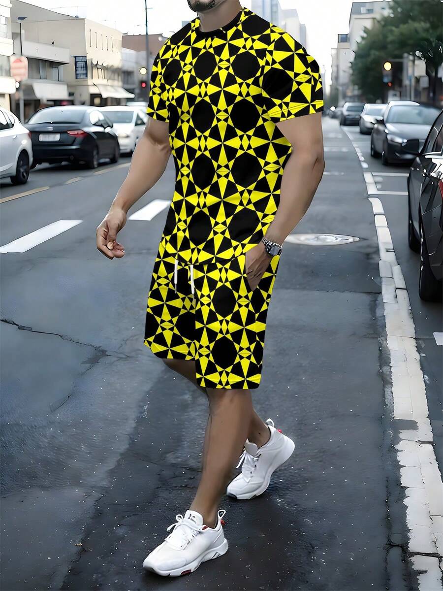 Two-Piece Casual Style Knitted Fabric Vivid Lively Men's Set For Daily Commute & Outdoor Activities, Summer Yellow Black Geometric All-Over Print Loose Short Sleeve Beach Shorts Set - Nhiều màu - Xem 1