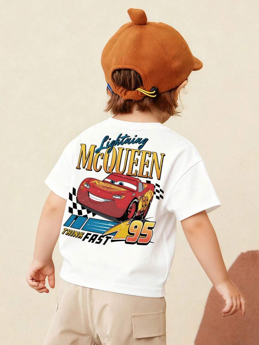 Disney Casual Lightning McQueen Double-Sided Toddler Tee – Versatile White Short Sleeve Top With Racing-Themed Print For Mix-And-Match Outfits - 白色 - 查看 1