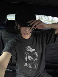 1pc Women's Casual Loose Retro Floral Print T-Shirt, Versatile Round Neck Top, Spring/Summer 2026 - Dark Grey - View 2