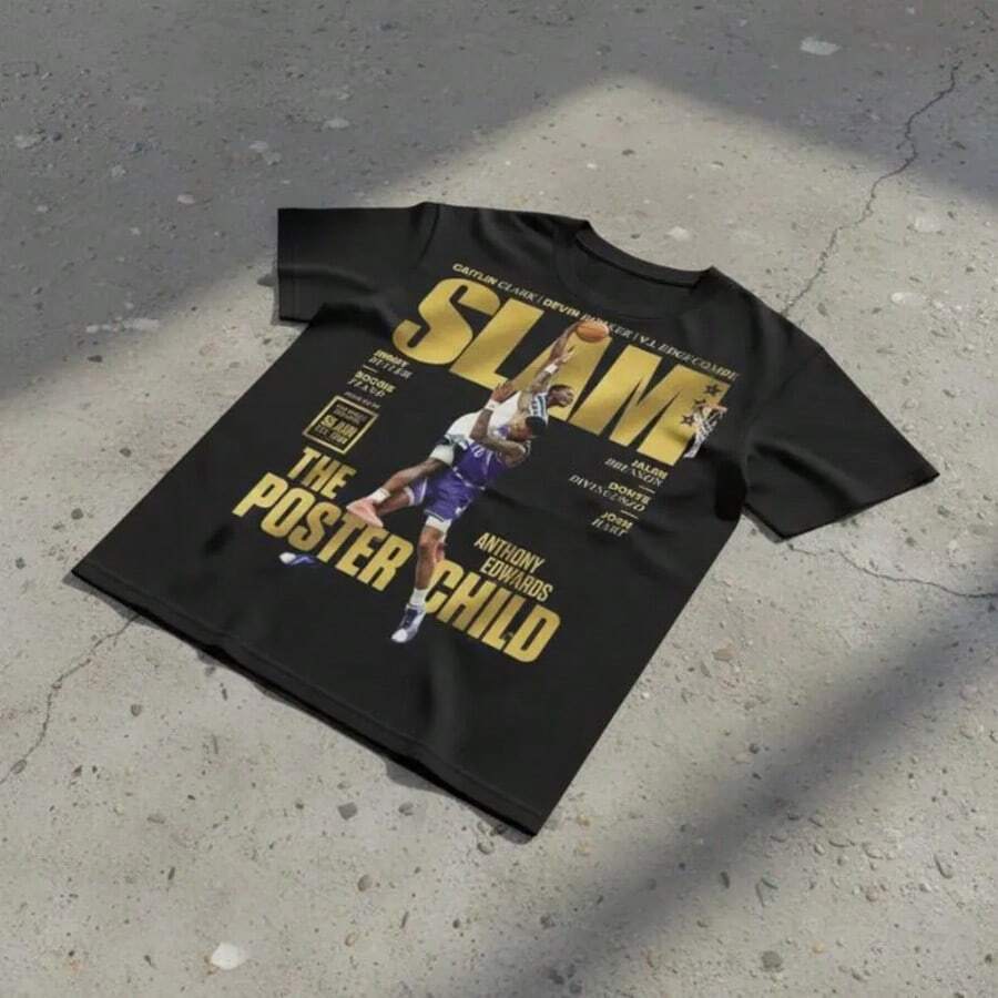 Anthony Edwards Slam Magazine T-Shirt, Vintage Basketball Graphic Tee, Retro 90s Hoops Streetwear, NBAS Poster Child Shirt, Sporty Aesthetic - 黑色 - 查看 1
