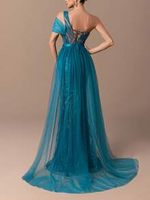 Faeriesty Wunderschönes einschultriges bodenlanges Abendkleid mit Perlenbesatz, asymmetrischer Tüllverzierung und hochgeschlitztem Meerjungfrauenrock - figurbetonter Schnitt für Sommerhochzeiten, rote Teppiche und elegante Partys - Taubenblau - Übersicht 7