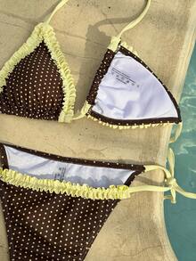 Sultry Sol 3pcs Women Bikini Swimwear, Casual Polka Dot Pattern Beach Swimwear, Brown & Yellow Shorts, Fashionable For Outdoor, Fitness, Daily Wear, Y2K, 2000s - Brown - View 8
