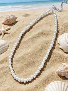 1pc 4m-12m Vintage French Style Pearl Necklace, Simple Choker Necklace With Random Pearl Quantity - White - View 14