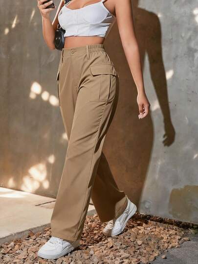 Women's Solid Color Pocket Button Zipper Casual Cargo Pants