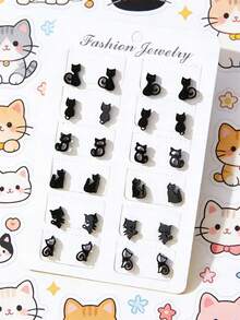 12pairs Cartoon Cat Stud Earrings - Black - View 3