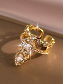 2 pezzi Set di bracciale e anello con charm a forma di faccia sorridente in zirconia cubica della serie fantasy, set di gioielli da matrimonio in lega di rame con zirconia cubica brillante, adatto per banchetti, balli, feste - Oro giallo - Visualizzare 10