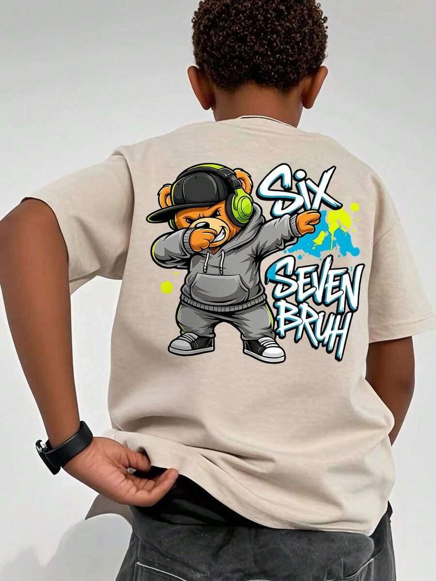 Tween Boys Casual Printed Crew Neck Short Sleeve T-Shirt, Summer Top - Apricot - View 1