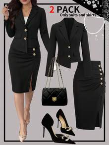 Bộ đồ 2 mảnh thanh lịch dành cho nữ, áo khoác cardigan dài tay phối màu + váy midi không tay, phù hợp cho công sở, hẹn hò, ăn tối từ mùa xuân đến mùa hè. Màu đen. - màu đen - Xem 1