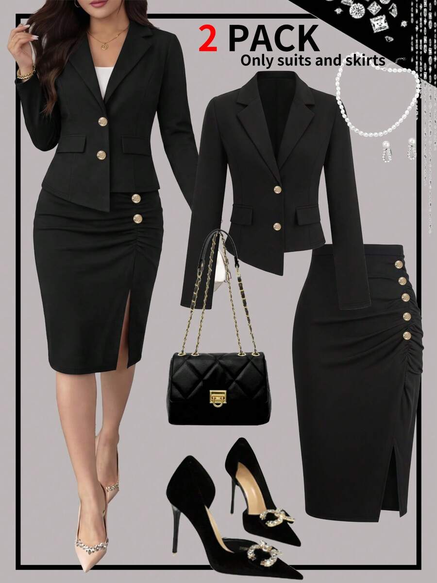 Bộ đồ 2 mảnh thanh lịch dành cho nữ, áo khoác cardigan dài tay phối màu + váy midi không tay, phù hợp cho công sở, hẹn hò, ăn tối từ mùa xuân đến mùa hè. Màu đen. - màu đen - Xem 1
