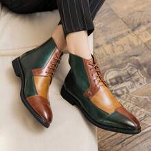 Men's Leather Color-Block High-Top Oxford Boots Fashion British Style Pointed Toe Lace Up Ankle Boots Casual Formal Business Wedding Dress Shoes - Xanh nâu - Xem 1