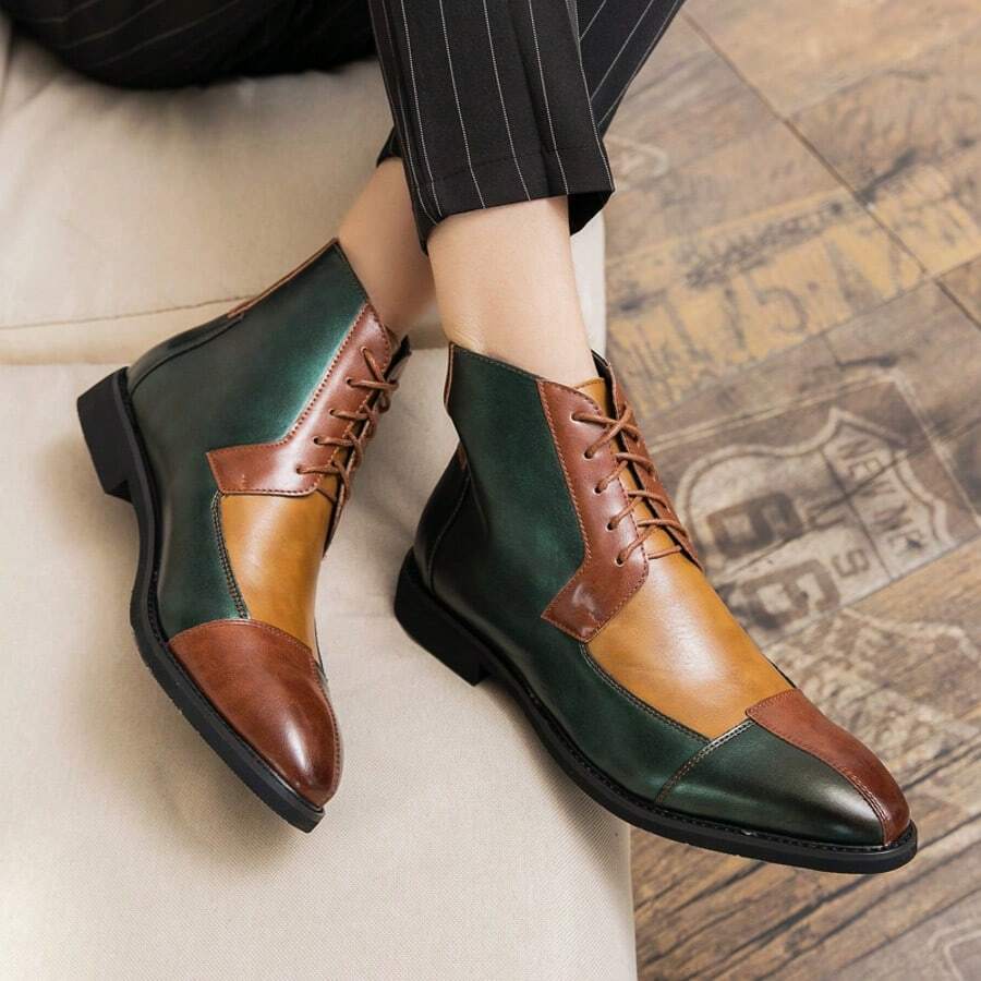 Men's Leather Color-Block High-Top Oxford Boots Fashion British Style Pointed Toe Lace Up Ankle Boots Casual Formal Business Wedding Dress Shoes - Xanh nâu - Xem 1