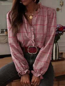 Women's Plaid Print Ruffle Collar Long Sleeve Woven Shirt, Suitable For Casual Wear Spring - Dusty Pink - View 3